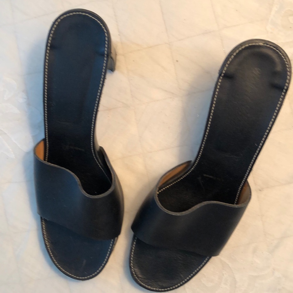 Black leather high heel slides